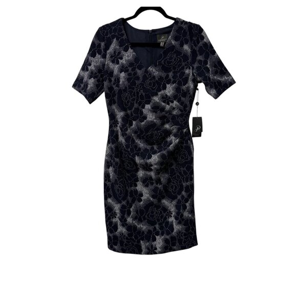 ADRIANNA PAPELL DRESS EMBROIDERED FLORAL NAVY BLUE SIDE RUCHED ELEGANT SZ 6 NEW - Picture 1 of 11